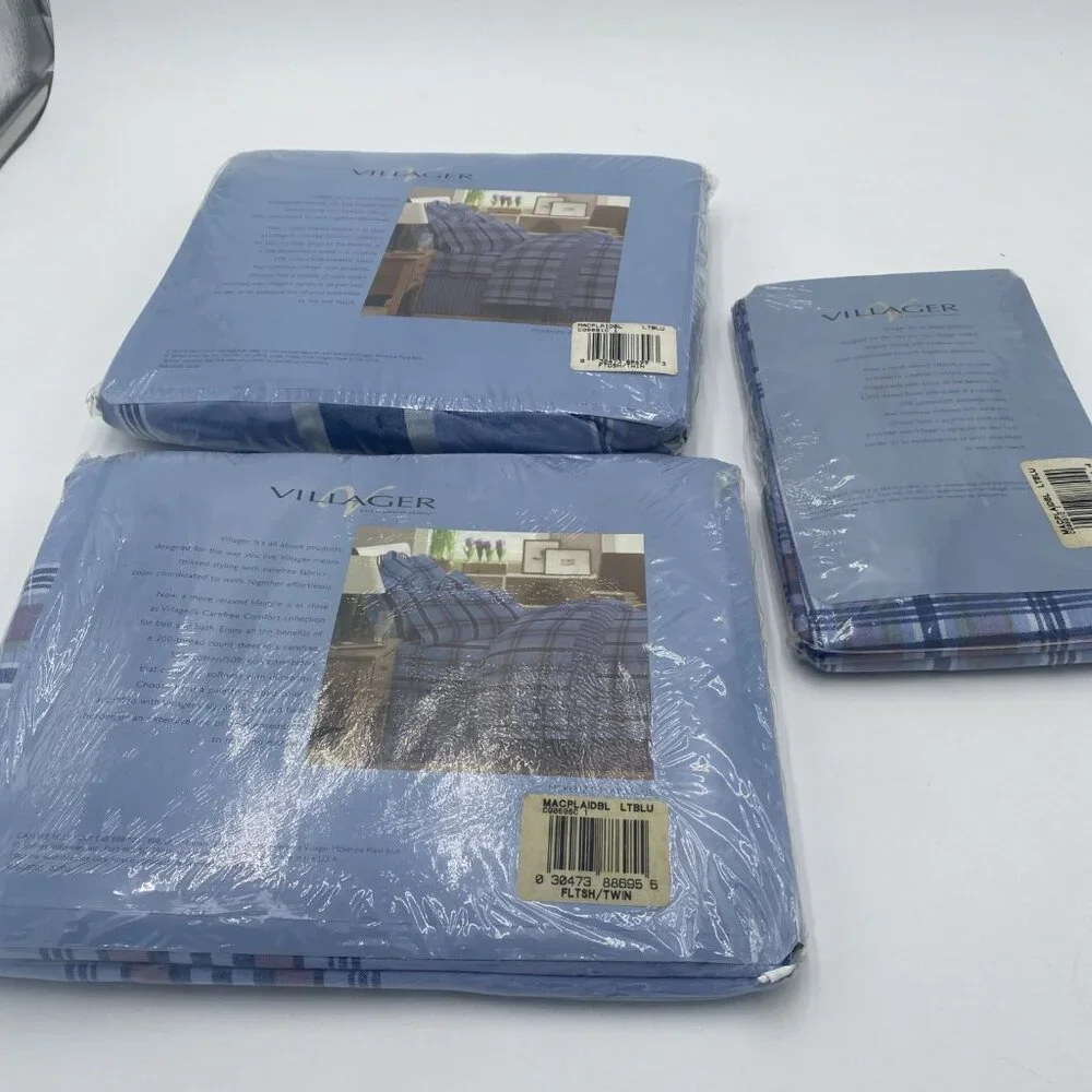 NEW Vintage Liz Claiborne Villager Twin Sheet Set Blue Plaid 3 Pcs NOS Made USA